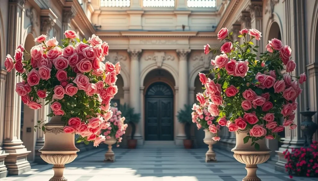 A breathtaking display of museum roses in a serene, sunlit courtyard. The elegant blooms, in shades of pink and red, cascade gracefully from ornate vases, their petals gently unfurling. The scene is bathed in soft, warm light, casting delicate shadows that add depth and dimension. The surrounding architecture, with its ornate columns and intricate stonework, provides a stunning backdrop, evoking a sense of timeless beauty and cultural heritage. The overall atmosphere is one of tranquility and wonder, inviting the viewer to pause and appreciate the beauty of nature in this historical setting.