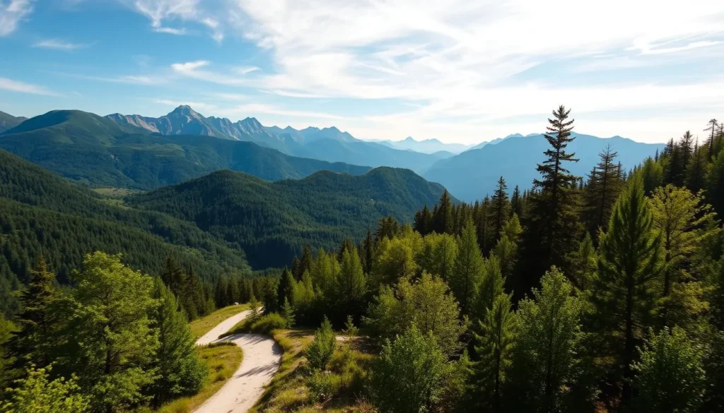 A breathtaking landscape of the Central Balkan National Park, Bulgaria, on a sunny day. Showcase the majestic mountains in the background, their peaks reaching towards the azure sky. In the foreground, a winding trail leads through lush, verdant forests, inviting visitors to explore the park's natural wonders. Capture the serene atmosphere with soft, warm lighting and a shallow depth of field, emphasizing the park's tranquility and beauty. Convey a sense of adventure and discovery, enticing the viewer to plan their visit to this stunning natural wonder.