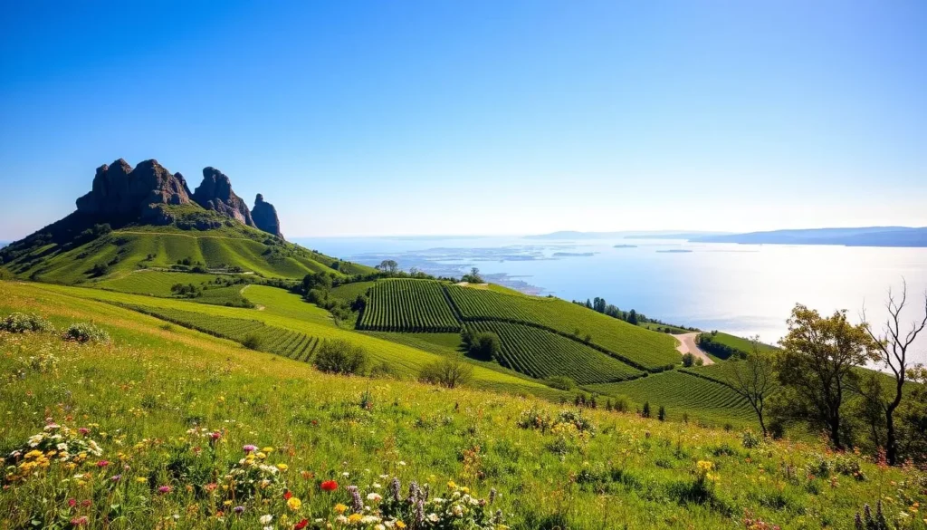 A breathtaking landscape of the iconic Badacsony hill, its basalt columns rising majestically against a clear blue sky. The foreground showcases a lush, verdant meadow dotted with wildflowers, inviting the viewer to embark on a scenic hike. In the middle ground, the sloping vineyards of the Balaton-Uplands National Park cascade down the hillside, promising a bountiful harvest and the opportunity to savor the region's renowned wines. The background features the glistening waters of Lake Balaton, reflecting the tranquil beauty of the scene. Warm, golden sunlight bathes the entire vista, creating a sense of peaceful serenity and inviting the viewer to pause, take in the view, and toast to the natural splendor of this remarkable location.