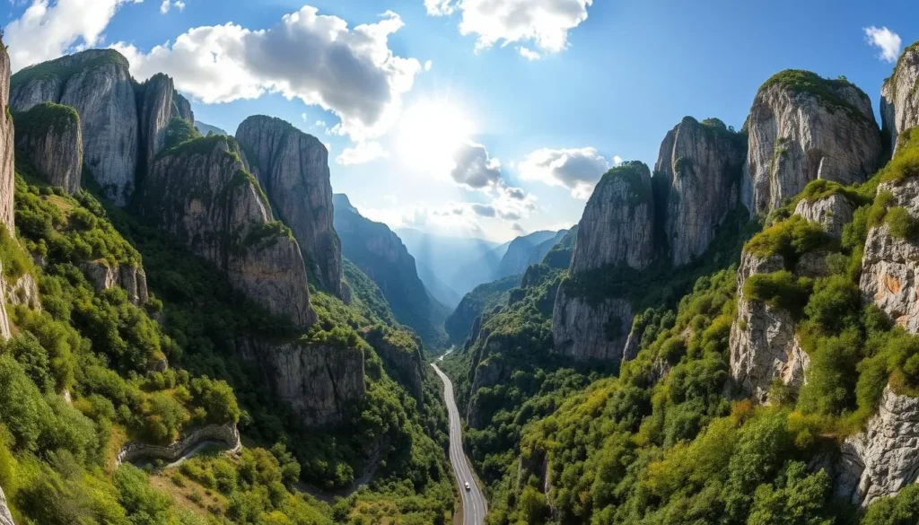 A breathtaking panorama of the Bicaz Gorges, Romania's natural wonder. Towering limestone cliffs, carved by the Bicaz River, rise sharply on both sides, their sheer walls casting dramatic shadows. The sun's golden rays pierce through the gorge, illuminating the lush, verdant foliage clinging to the rocky slopes. In the foreground, the winding road snakes through the narrow passage, offering a scenic drive that showcases the rugged, awe-inspiring beauty of this geological marvel. Fluffy white clouds drift across the azure sky, adding to the serene, picturesque atmosphere. Capture the essence of this natural treasure, a true highlight of the Cheile Bicazului-Hasmas National Park.