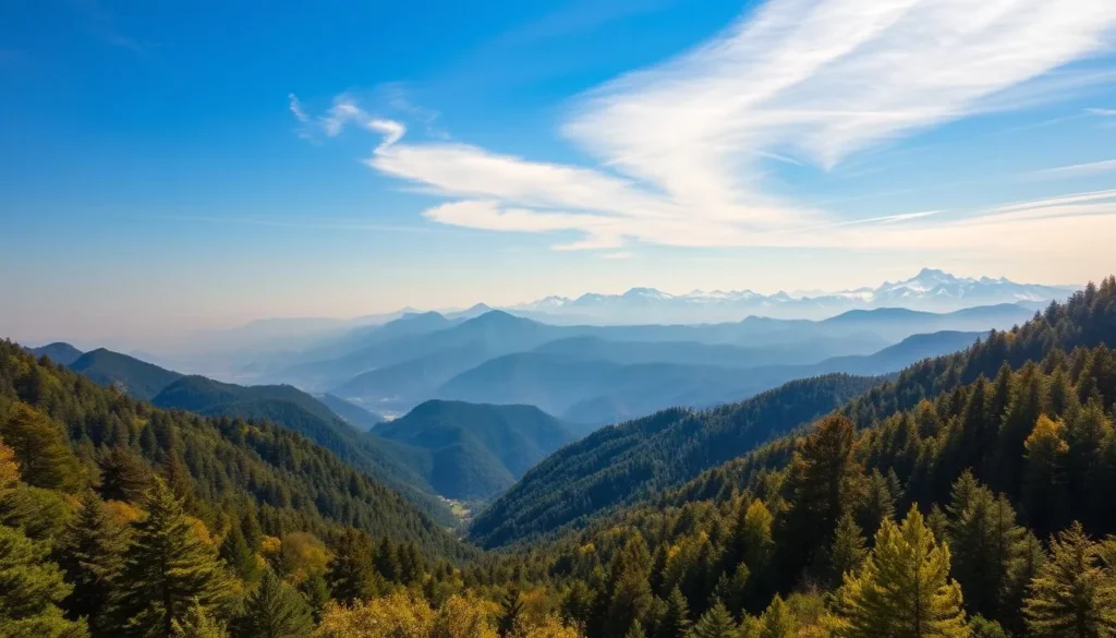 A breathtaking panorama of the Rhodope Mountains, Bulgaria. In the foreground, lush evergreen forests cascade down rolling hills, their canopies dappled with golden sunlight. The middle ground reveals majestic peaks, their rugged slopes capped with pristine snow that glistens under a clear, azure sky. In the distance, the mountains recede into a hazy blue horizon, their silhouettes framed by wispy clouds. The scene exudes a sense of tranquility and timeless beauty, inviting the viewer to embark on an awe-inspiring adventure through this pristine natural wonder.