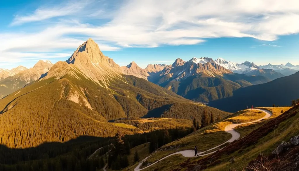 A breathtaking panoramic view of the majestic Pirin Mountains in Bulgaria's Pirin National Park. Towering peaks with rugged, snow-capped summits pierce the azure sky, their slopes blanketed in lush, verdant forests. In the foreground, a winding hiking trail winds its way through the picturesque landscape, inviting the viewer to embark on an exhilarating outdoor adventure. Warm, golden sunlight bathes the scene, creating a serene and inviting atmosphere. The image is captured with a wide-angle lens, conveying a sense of grandeur and scale. Overall, the scene evokes the awe-inspiring natural beauty and the thrill of exploring the great outdoors in this stunning Bulgarian national park.