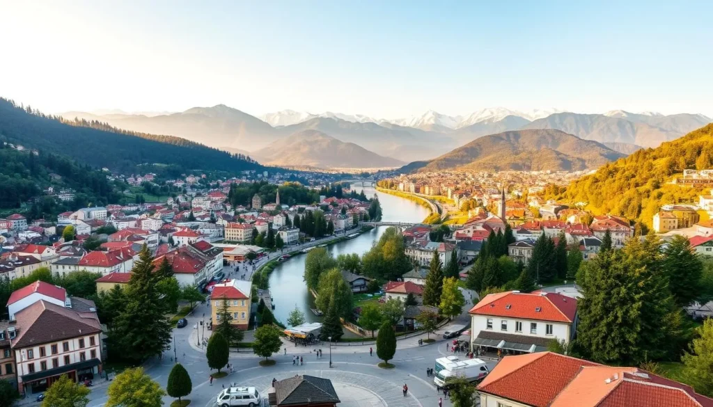 A breathtaking panoramic view of the picturesque city of Blagoevgrad, Bulgaria, nestled in the lush Rila mountain range. In the foreground, a quaint town square with charming buildings and a bustling marketplace. In the middle ground, the winding Bistritsa River flows through the city, its banks lined with verdant trees and pedestrian walkways. In the background, the majestic Rila peaks rise majestically, their snow-capped summits glowing in the warm, golden light of a sun-dappled afternoon. The scene is bathed in a soft, diffused natural light, casting a serene, picturesque atmosphere over the entire landscape. Capture this idyllic vista using a wide-angle lens to fully showcase the breathtaking scale and beauty of Blagoevgrad's most photogenic vantage points.