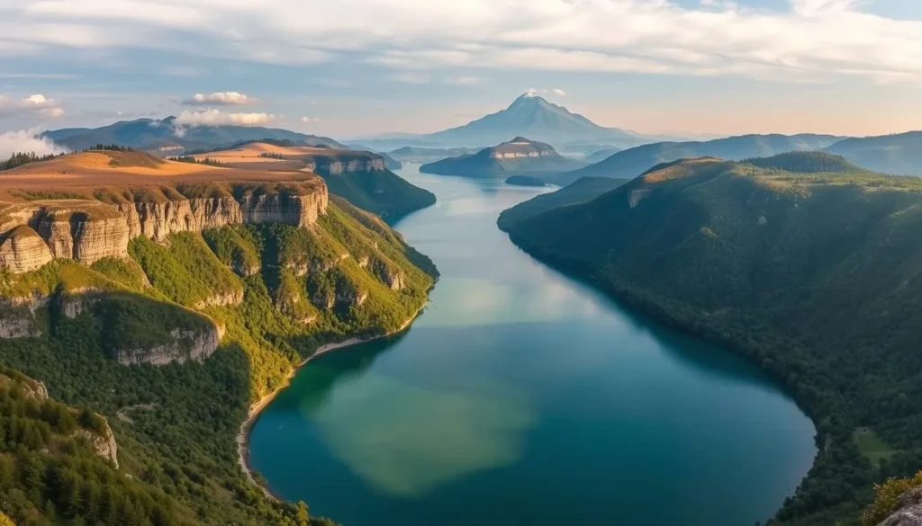 A breathtaking panoramic view of the winding Danube River, surrounded by the lush, rolling hills and forests of the Danube-Ipoly National Park in Hungary. Capture the dramatic, rugged cliffs of Prédikálószék and Vadálló-kövek in the foreground, with the majestic Dobogókő peak rising in the distance. Bathe the scene in warm, golden sunlight filtering through wispy clouds, creating a sense of tranquility and awe. Utilize a wide-angle lens to emphasize the scale and grandeur of the natural landscape, inviting the viewer to immerse themselves in the beauty of this picturesque region.