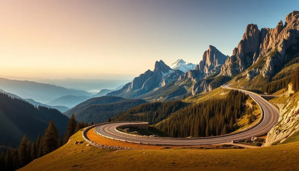 A breathtaking panoramic view of the winding TransBucegi Road, snaking through the majestic Bucegi Mountains in Romania. The scene is bathed in warm, golden sunlight, casting a serene glow over the rugged peaks and lush, verdant forests. In the foreground, the smooth, curving asphalt of the road stretches out, inviting the viewer to embark on an unforgettable journey. The middle ground is dominated by towering, snow-capped summits, their jagged silhouettes framing the scene. In the distance, a hazy blue horizon stretches out, hinting at the boundless beauty of the Bucegi National Park. The overall atmosphere is one of tranquility and awe, perfectly capturing the essence of this breathtaking mountain landscape.