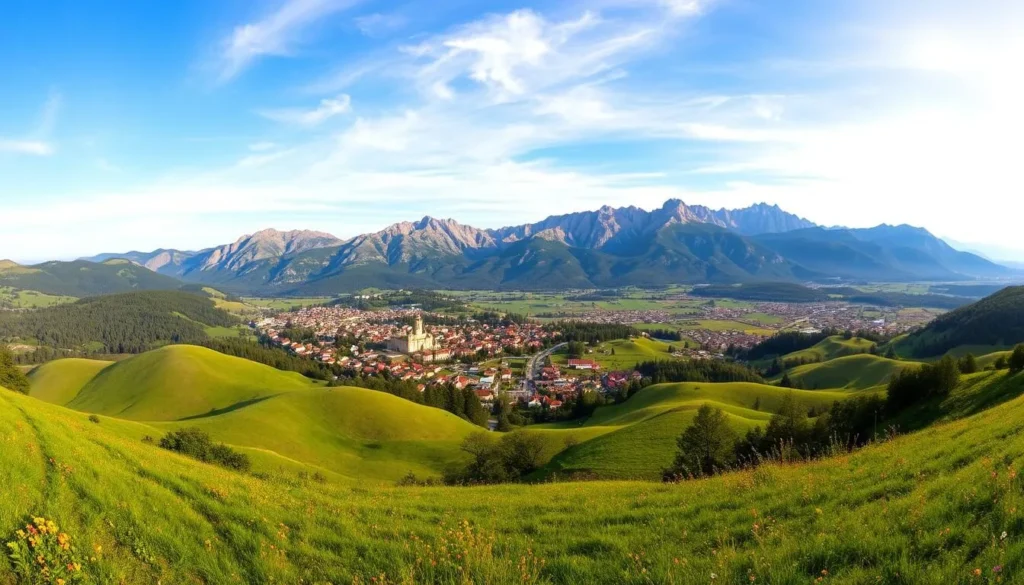 A breathtaking panoramic vista showcasing the picturesque landscape of Asenovgrad, Bulgaria. In the foreground, rolling hills and lush green meadows dotted with vibrant wildflowers. In the middle ground, the charming historic town nestled between rugged mountains, their peaks bathed in warm, golden sunlight. In the distance, a dramatic mountain range stretches across the horizon, its jagged silhouette etched against a brilliant azure sky. The scene is captured through the lens of a wide-angle camera, revealing the full, sweeping grandeur of the region. An ideal location for photographers seeking to capture postcard-worthy images that will captivate and inspire.