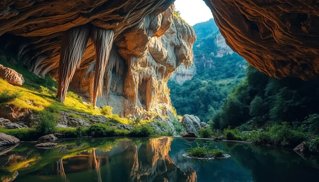 A breathtaking scene of majestic limestone caves nestled amidst lush greenery. Sunlight filters through the cavernous openings, casting warm, golden hues across the rugged rock formations. Stalactites and stalagmites stretch towards each other, creating a captivating natural sculpture. In the foreground, a tranquil pool reflects the stunning cave walls, inviting exploration. The middle ground showcases diverse flora, hinting at the rich biodiversity within. In the background, verdant hills and dense forests frame this awe-inspiring natural wonder. A sense of serenity and discovery permeates the scene, perfect for nature lovers to immerse themselves in the cave wonders of the Danube-Ipoly National Park.