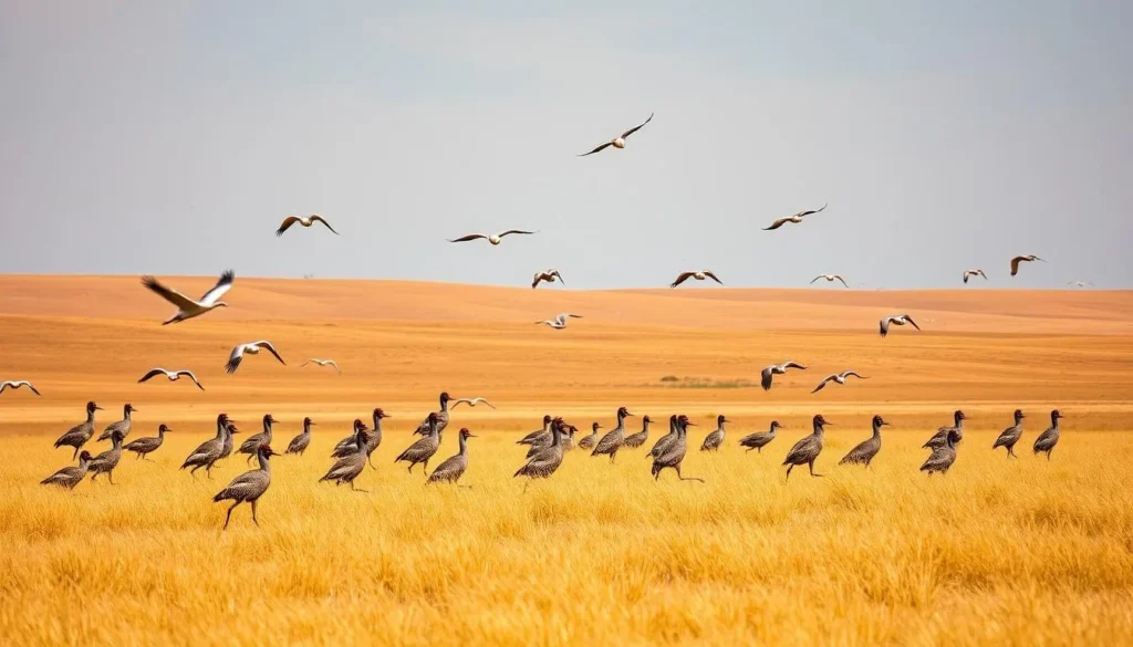 A breathtaking scene of the upper Kiskunság steppe, where graceful birds soar against a serene sky. In the foreground, a flock of bustards elegantly stride through the tall golden grasses, their distinctive plumage shimmering in the warm sunlight. In the middle ground, cranes and egrets glide effortlessly over the undulating landscape, while in the distance, the silhouettes of other steppe birds dot the horizon. The overall atmosphere is one of tranquility and natural wonder, capturing the essence of this vibrant and ecologically significant region.