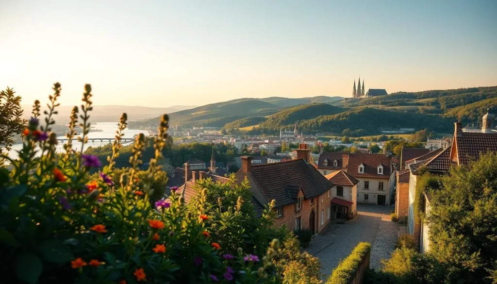 A breathtaking vista of Érd, Hungary, overlooking the Danube River and the rolling hills beyond. In the foreground, lush greenery and vibrant wildflowers sway gently in the soft breeze. The middle ground reveals a picturesque town with quaint houses, church spires, and cobblestone streets bathed in warm, golden sunlight. In the distance, the majestic silhouette of the Buda Hills creates a stunning backdrop, their slopes blanketed in a patchwork of verdant forests and pastures. The scene exudes a sense of tranquility and timeless beauty, inviting the viewer to explore the charming alleys and discover the rich history and culture of this captivating Hungarian destination.