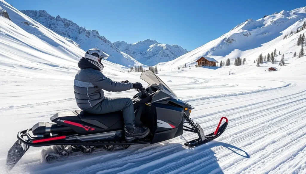 A breathtaking winter landscape, with a sleek, high-powered snowmobile carving through the pristine, snow-covered slopes of the Petrohan Pass in the Bulgarian mountains. The rider, bundled up in warm, weatherproof gear, navigates the winding trails with confidence and skill, surrounded by towering, snow-capped peaks that glisten in the crisp, clear sunlight. In the distance, a cozy mountain cabin nestled amidst the trees serves as a welcoming destination, beckoning the adventurer to rest and recharge after an exhilarating journey through the untamed, frozen wilderness.