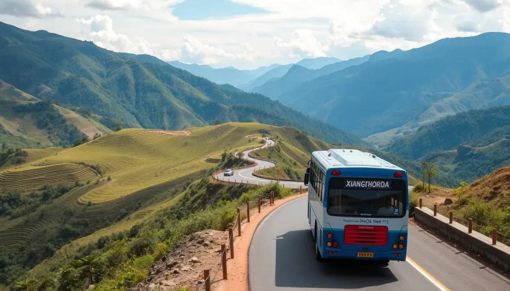 A bus traveling on a winding mountain road through the scenic landscapes of Xiangkhoang Plateau with passengers enjoying the view