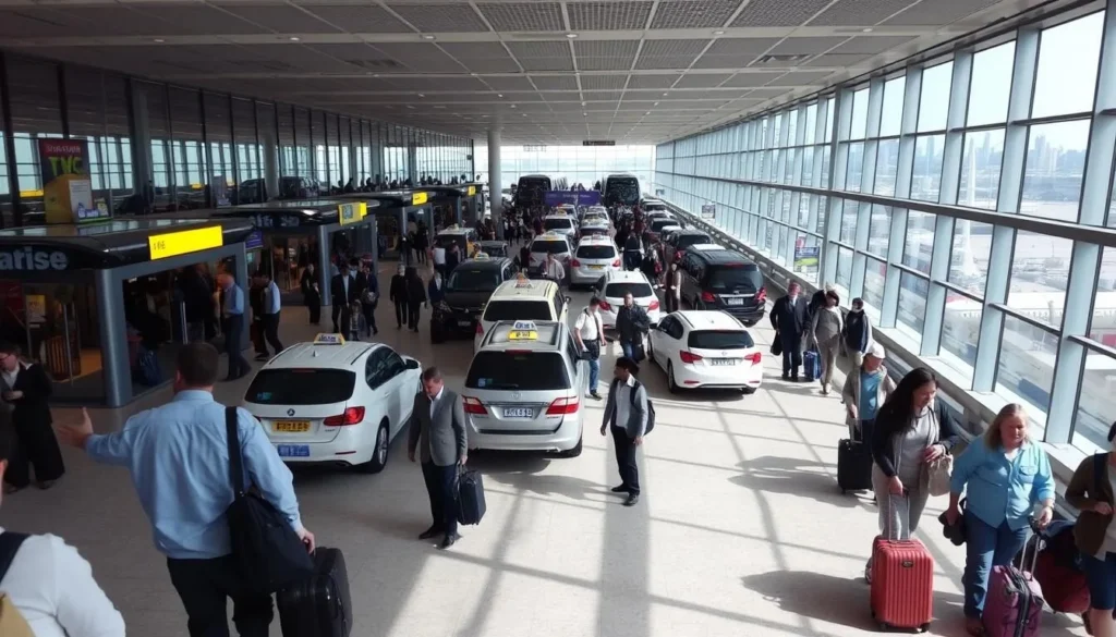 A bustling airport terminal filled with travelers, luggage in hand, as they navigate various transportation options. In the foreground, a well-lit concourse showcases a sleek, modern design with glass walls and high ceilings. The middle ground features a variety of ground transportation modes, including taxis, shuttle buses, and private cars, all awaiting passengers. In the background, a scenic view of the city skyline or surrounding landscape provides a sense of place. The overall atmosphere is one of efficiency, convenience, and anticipation, capturing the essence of getting to one's destination with ease.