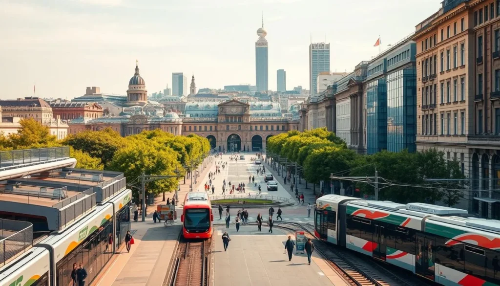A bustling city center scene, with a focus on the travel links and connections. In the foreground, a well-designed public transportation hub with a modern train station, sleek buses, and a lively flow of pedestrians. The middle ground features wide, tree-lined boulevards, with people strolling, cycling, and navigating the urban landscape. In the background, a mix of historic and contemporary architecture, creating a visually striking skyline. The lighting is warm and natural, accentuating the vibrant atmosphere. The overall composition conveys a sense of accessibility, connectivity, and the seamless integration of different modes of transportation within the city center.