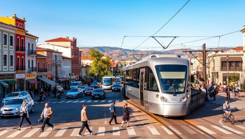 A bustling city intersection in Targovishte, Bulgaria, on a sunny day. In the foreground, pedestrians cross the street amidst a flow of cars, buses, and bicycles. Colorful storefronts and historical buildings line the sidewalks, casting warm shadows. In the middle ground, a modern tram glides along the tracks, its polished metal exterior reflecting the vibrant surroundings. The background features rolling hills and a clear blue sky, creating a sense of depth and tranquility. The scene conveys the energy and accessibility of getting around this charming Bulgarian town.