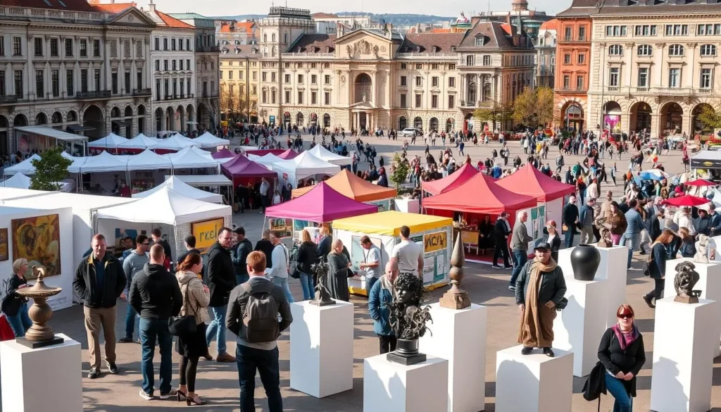 A bustling city square in Bucharest, Romania, during a vibrant art festival. In the foreground, a group of visitors admire the intricate sculptures and abstract paintings displayed on white pedestals, the warm afternoon sunlight casting soft shadows. In the middle ground, colorful tents house booths showcasing the latest in Romanian design, from sleek furniture to handcrafted ceramics. In the background, the historic architecture of the city provides a picturesque backdrop, with people strolling and mingling amidst the lively atmosphere. Capture the intersection of art, design, and the dynamic energy of Bucharest.