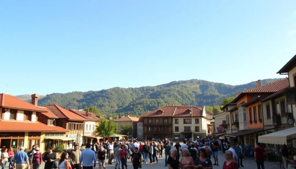 A bustling city square in Kardzhali, Bulgaria, bathed in warm, golden sunlight. In the foreground, local residents and visitors mingle, enjoying the vibrant atmosphere. In the middle ground, quaint buildings with terracotta roofs and colorful facades line the streets, their windows adorned with potted plants. In the background, the slopes of the Rhodope Mountains rise, their lush, green foliage contrasting with the clear, azure sky. The scene is captured with a wide-angle lens, showcasing the city's charming urban landscape and the natural beauty that surrounds it. The overall mood is one of peaceful tranquility, inviting the viewer to imagine a pleasant stay in this picturesque area of Kardzhali.