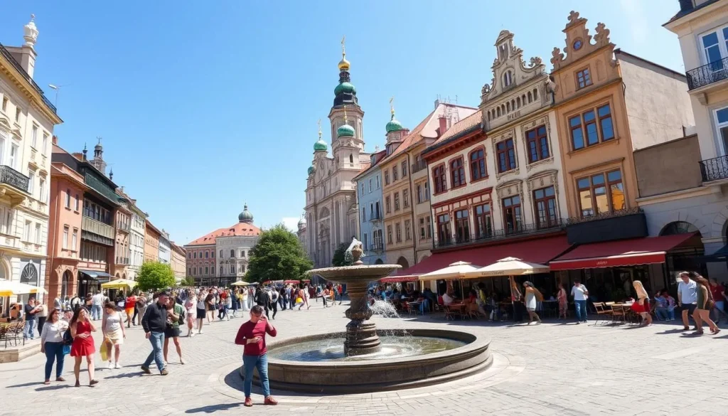 A bustling city square in Ploiești, Romania, on a bright sunny day. In the foreground, a group of locals and tourists mingle around a central fountain, admiring the ornate architecture of the surrounding buildings. In the middle ground, a quaint café spills out onto the plaza, its outdoor tables dotted with colorful umbrellas and the aroma of freshly brewed coffee. In the background, the iconic St. Nicholas Church towers above, its onion-domed spires glinting in the warm light. The scene is filled with a sense of vibrant energy and timeless charm, capturing the essence of a perfect day exploring the heart of this historic Romanian city.