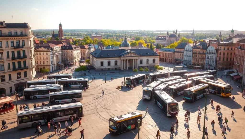 A bustling city square in Szolnok, Hungary, on a bright, sunny day. In the foreground, people leisurely stroll along the sidewalks, while a variety of public transportation options - sleek buses, modern trams, and historic trains - move through the intersection. The middle ground features a mix of historic and contemporary architecture, with a stately train station taking center stage. In the background, the horizon is dotted with lush greenery and the spires of distant churches. The scene is illuminated by warm, golden sunlight, casting long shadows and creating a vibrant, inviting atmosphere.