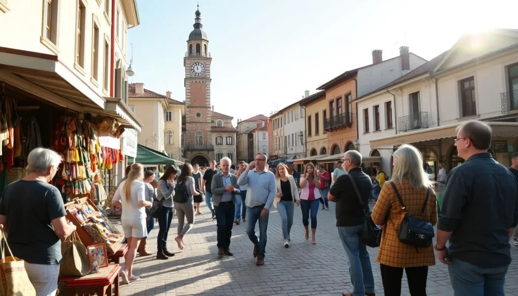 A bustling city square in Yambol, Bulgaria, on a sunny afternoon. In the foreground, a group of tourists explore local handicrafts and artisan stalls, their vibrant colors and textures drawing the eye. In the middle ground, a tour guide gestures animatedly, leading a small group through the historic streets, past quaint cafes and centuries-old buildings. In the background, the iconic clock tower rises, casting long shadows across the cobblestones. Warm, golden lighting filters through, creating a inviting atmosphere that captures the charm and character of this unique Bulgarian destination.