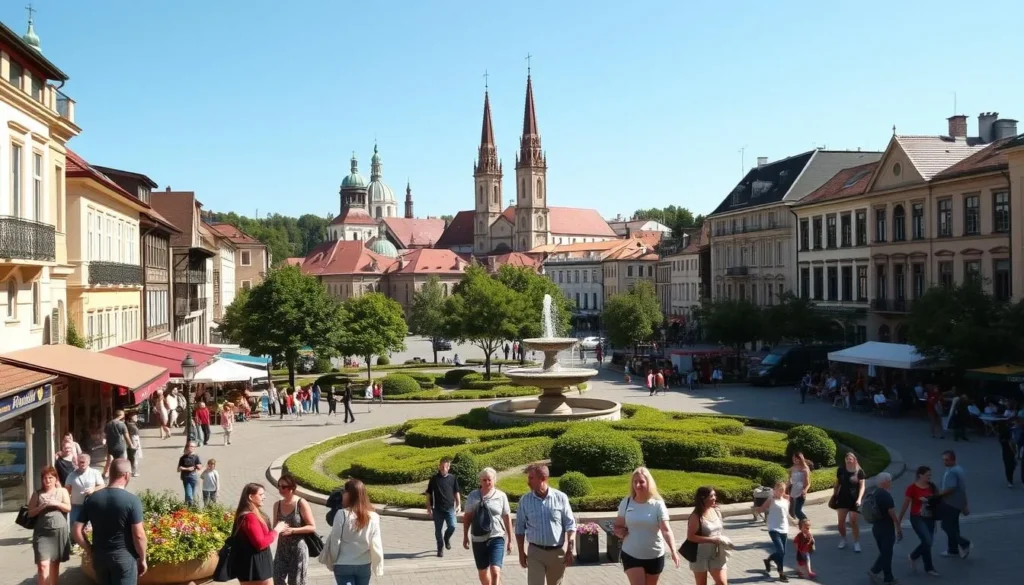 A bustling city square in Zalaegerszeg, Hungary, on a sunny afternoon. In the foreground, people leisurely stroll past charming cafes and boutiques, enjoying the vibrant atmosphere. The middle ground features a beautifully landscaped park with lush greenery and a central fountain, where families gather to relax. In the background, the spires of historic churches and the facades of neoclassical buildings create a picturesque skyline. Warm, natural lighting bathes the scene, casting gentle shadows and highlighting the architectural details. The overall mood is one of tranquility and local character, inviting the viewer to imagine themselves immersed in the city's inviting ambiance.