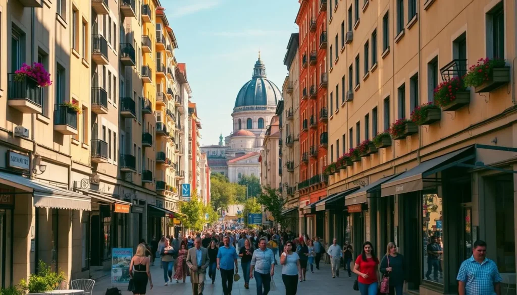 A bustling city street in Dunaújváros, Hungary, bathed in warm afternoon sunlight. Towering apartment buildings line the sidewalks, their facades reflecting the golden glow. Residents and visitors alike stroll leisurely, weaving between cafes and boutiques. Vibrant flower boxes adorn balconies, adding pops of color to the scene. In the distance, the iconic dome of a historic church stands tall, a symbol of the city's heritage. The atmosphere is one of relaxed energy, inviting the viewer to imagine themselves immersed in the lively community. A bustling city street in Dunaújváros, Hungary, bathed in warm afternoon sunlight. Towering apartment buildings line the sidewalks, their facades reflecting the golden glow. Residents and visitors alike stroll leisurely, weaving between cafes and boutiques. Vibrant flower boxes adorn balconies, adding pops of color to the scene. In the distance, the iconic dome of a historic church stands tall, a symbol of the city's heritage. The atmosphere is one of relaxed energy, inviting the viewer to imagine themselves immersed in the lively community.