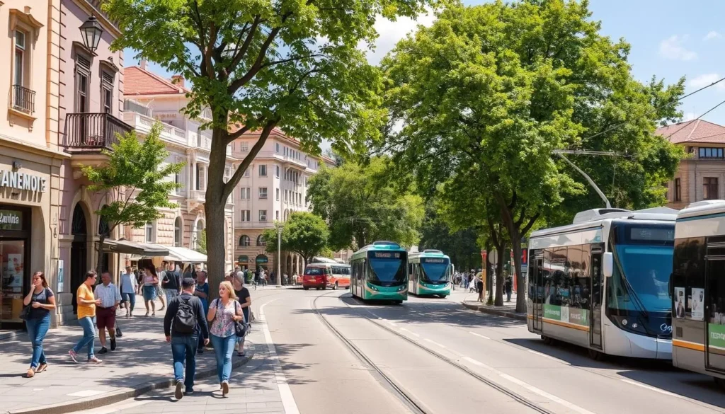 A bustling city street in Stara Zagora, Bulgaria, on a pleasant sunny day. Pedestrians stroll along the sidewalks, passing by charming historic buildings and quaint shops. Trams and buses navigate the roads, transporting locals and visitors alike. Lush trees and greenery line the streets, casting gentle shadows. The scene conveys a sense of vibrant local life and ease of getting around the city center on foot or by public transport. Captured with a wide-angle lens to showcase the dynamic urban environment.