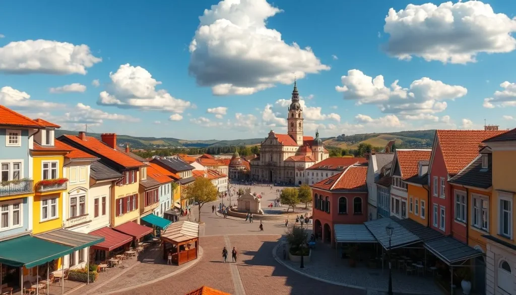 A bustling cityscape of Kecskemet, Hungary, on a sunny day. In the foreground, charming cobblestone streets lined with colorful, historic buildings and cafes. In the middle ground, a lively town square with a striking baroque-style cathedral as the focal point. The background features rolling hills and a bright blue sky with fluffy white clouds. Warm, golden sunlight bathes the scene, creating a welcoming, inviting atmosphere. The camera angle is slightly elevated, providing a panoramic view that captures the essence of this vibrant, walkable city center.