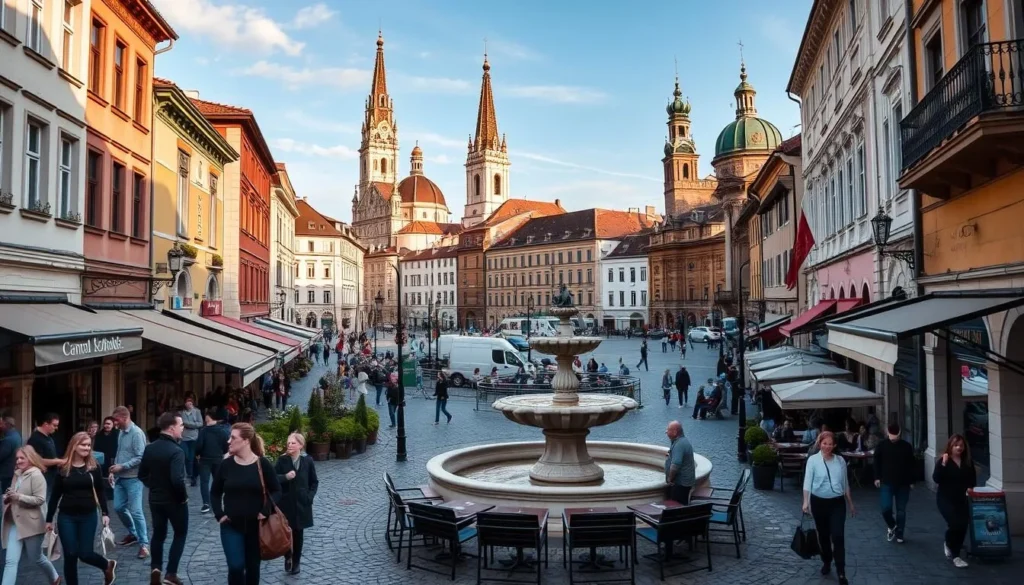A bustling downtown scene in Miskolc, Hungary, on a pleasant spring day. In the foreground, pedestrians stroll along the cobblestone streets, admiring the charming architecture of the historic buildings. Cafes and restaurants line the sidewalks, their outdoor seating areas bustling with locals and visitors enjoying delectable cuisine and local wines. The middle ground features a picturesque town square, with a ornate fountain at its center and people relaxing on benches. In the background, the skyline is dominated by the spires and domes of grand churches, their intricate details bathed in warm, golden light. The overall atmosphere is one of vibrant urban life, with a touch of old-world elegance.