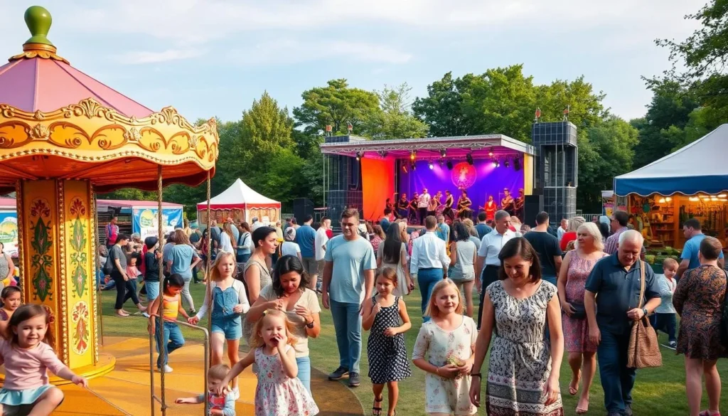 A bustling family festival in a vibrant Bucharest park, with a lively crowd gathered around colorful food stalls and craft vendors. In the foreground, children play joyfully on a merry-go-round, their laughter echoing through the warm summer air. The middle ground features parents and grandparents strolling together, sampling local delicacies and browsing unique handmade trinkets. In the background, a stage comes alive with traditional music and dance performances, creating an atmosphere of cultural celebration. Soft, warm lighting casts a golden glow over the entire scene, evoking a sense of togetherness and community.