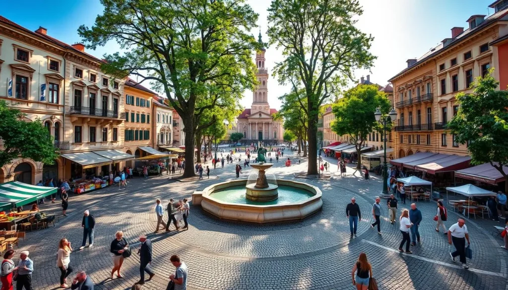 A bustling main square in Cegled, Hungary, bathed in warm sunlight. Charming cobblestone paths wind through a central fountain, surrounded by historical buildings with ornate facades. Locals and tourists mingle, browsing open-air markets and cafes that spill onto the square. Towering trees provide dappled shade, and a church steeple rises in the distance, its bells ringing melodically. The atmosphere is lively and inviting, capturing the essence of this vibrant Hungarian town.