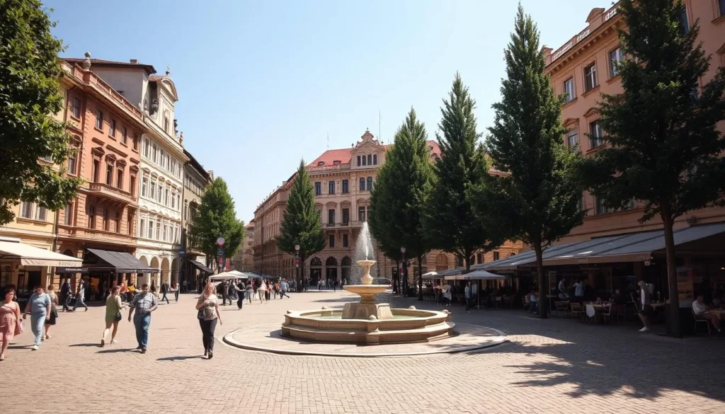A bustling main square in the historic town of Sopron, Hungary, on a bright, sunny day. Cobblestone streets lead to a central fountain, surrounded by grand, stately buildings with ornate facades in warm, earthy tones. Tall, stately trees line the square, casting dappled shadows on the scene. Pedestrians stroll leisurely, pausing to admire the architecture or sit at outdoor cafes. The atmosphere is lively yet serene, inviting visitors to immerse themselves in the town's charming ambiance and rich history.