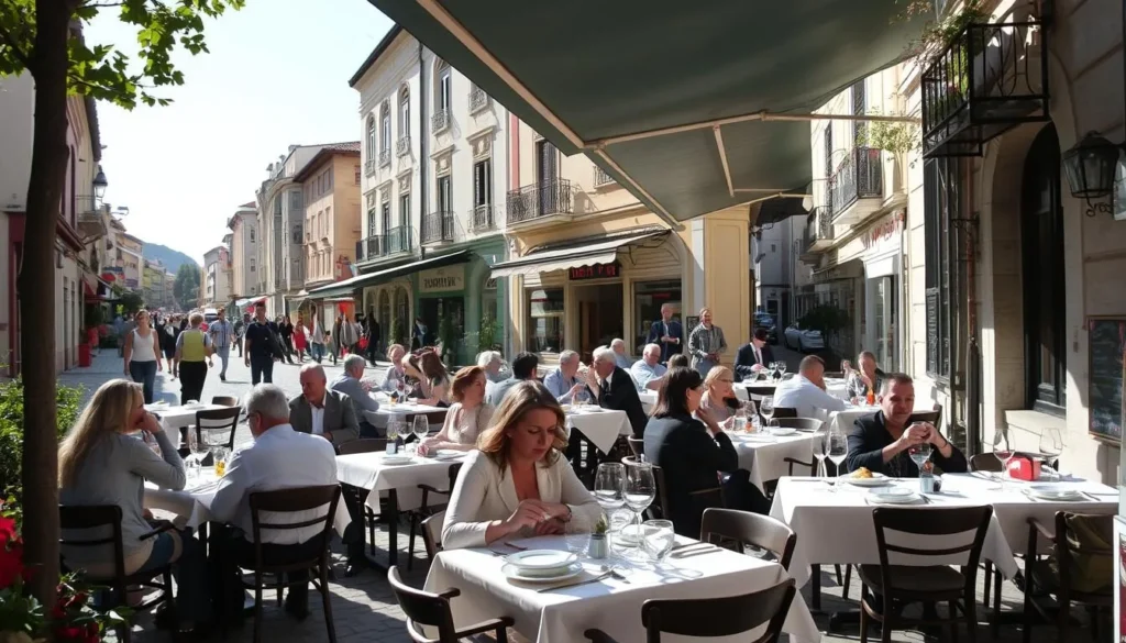 A bustling outdoor café nestled in Plovdiv's historic Old Town, surrounded by charming cobblestone streets and vibrant local architecture. Tables adorned with crisp white linens and elegant place settings, with patrons savoring delicious Bulgarian cuisine and sipping local wines in the warm afternoon sunlight. In the background, a lively street scene with pedestrians strolling by, immersing the viewer in the authentic atmosphere of this beloved Bulgarian city.
