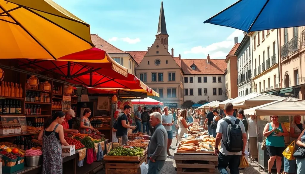 A bustling outdoor market in Cegléd, Hungary on a sunny afternoon. Vibrant stalls filled with fresh produce, artisanal breads, and local wines. Vendors enthusiastically beckoning passersby, the air humming with friendly chatter and the aroma of sizzling street food. In the foreground, colorful umbrellas shade the lively scene, while in the background, charming historic buildings line the cobblestone streets. The warm natural lighting casts a golden glow, creating a convivial, welcoming atmosphere. Capture the essence of this lively market moment and the culinary delights that abound in this picturesque Hungarian town.