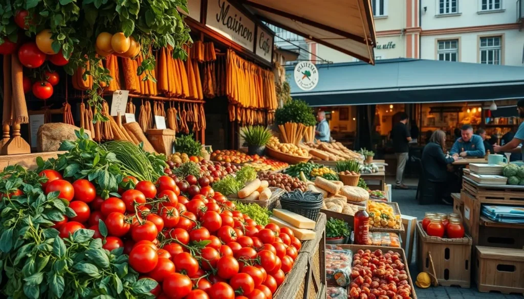 A bustling outdoor market in Szolnok, Hungary, brimming with local delicacies. In the foreground, a vendor's stall overflows with freshly harvested produce - ripe tomatoes, crisp greens, and fragrant herbs. The middle ground features an array of artisanal breads, cured meats, and vibrant cheeses, inviting passersby to savor the flavors of the region. In the background, a cozy café beckons with the aroma of brewing coffee and the chatter of locals enjoying an evening bite. Warm, natural lighting highlights the vibrant colors and textures, creating an inviting and authentic atmosphere that captures the essence of Szolnok's local food culture.