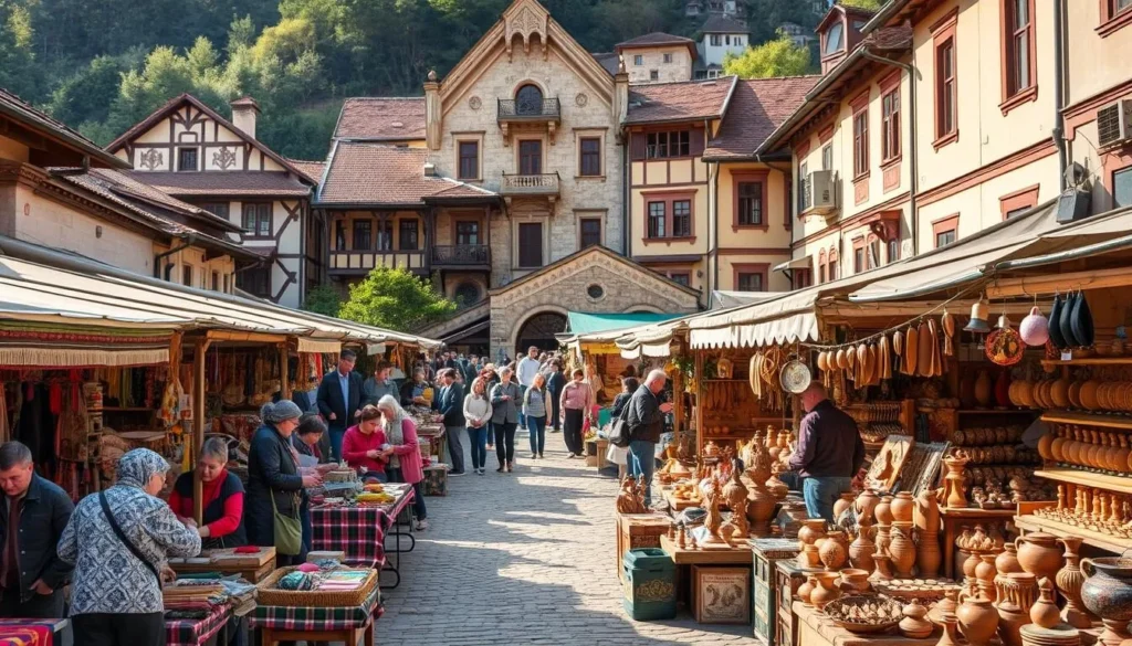 A bustling outdoor market in Veliko Tarnovo, Bulgaria, where Samovodska Charshia's quaint revival-era houses showcase an array of handcrafted treasures. The foreground is filled with artisans skillfully demonstrating their traditional techniques, weaving vibrant textiles, carving intricate wooden sculptures, and crafting exquisite pottery. The middle ground features stalls brimming with colorful handmade souvenirs, from embroidered linens to leather goods and carved chess sets. In the background, the historic buildings with their ornate facades create a charming, picturesque setting, bathed in warm, natural lighting that casts a soft, golden glow over the entire scene, evoking a sense of timeless, traditional beauty.