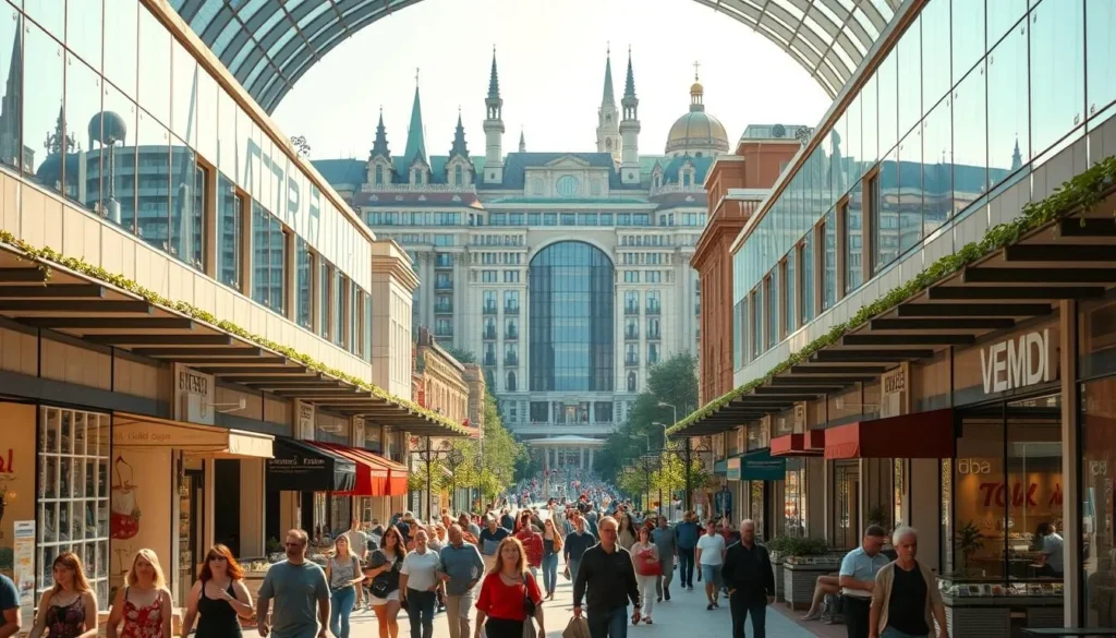 A bustling shopping center in Varna, Bulgaria, with a vibrant pedestrian promenade lined with charming shops, cafes, and restaurants. Sunlight filters through the glass-roofed atrium, casting a warm, inviting glow over the scene. In the foreground, people stroll leisurely, window-shopping and enjoying the lively atmosphere. Toward the middle, a grand, modern mall looms, its sleek architecture and elegant facades reflecting the city's blend of old and new. The background features the iconic landmarks of Varna, hinting at the city's rich history and cultural heritage. The overall mood is one of energy, sophistication, and a vibrant shopping experience.