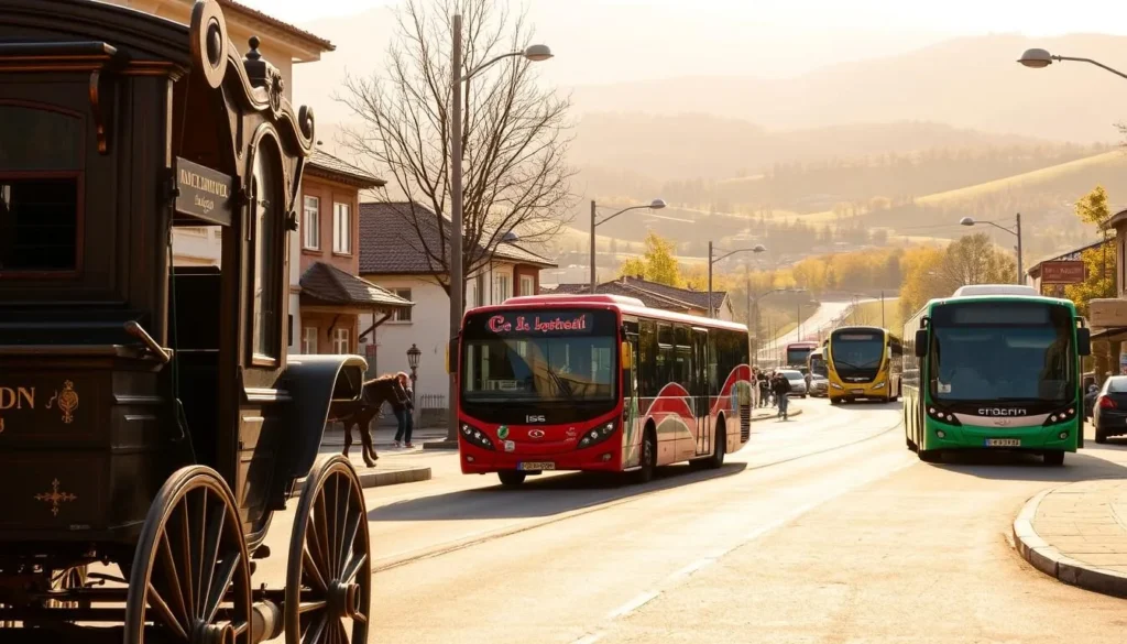 A bustling street in Kardzhali, Bulgaria, with a variety of local transport options. In the foreground, a traditional horse-drawn carriage waits to ferry passengers, its ornate details and wooden construction evoking the town's rich history. In the middle ground, a modern city bus navigates the winding roads, its sleek design and vibrant colors contrasting with the charming old-world architecture. In the background, the rolling hills and lush greenery of the surrounding countryside provide a picturesque backdrop, bathed in warm, golden sunlight that casts a gentle glow over the entire scene.