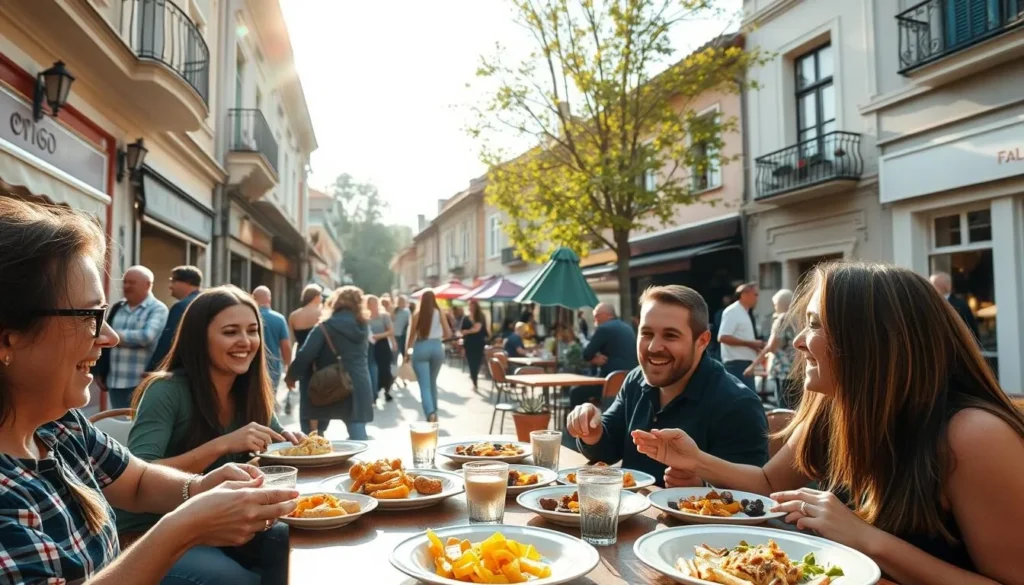 A bustling street in a quaint Romanian town, with locals and visitors alike enjoying a casual food experience. In the foreground, a group of friends sharing plates of local delicacies, laughter and conversation filling the air. The middle ground features a vibrant outdoor café, its tables adorned with colorful umbrellas and the aroma of freshly brewed coffee wafting through the scene. In the background, the warm, golden light of the sun filters through the trees, casting a cozy glow over the entire setting. The atmosphere is relaxed and inviting, capturing the essence of a delightful, down-to-earth culinary adventure.
