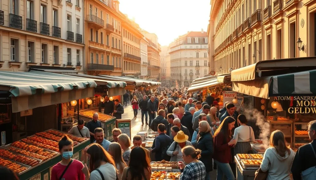 A bustling street in the heart of Bucharest, Romania, bathed in warm golden sunlight. In the foreground, a vibrant array of street food stalls showcase a tantalizing variety of local delicacies - sizzling sausages, fragrant grilled kebabs, savory crepes, and steaming hot pastries. The middle ground features clusters of locals and visitors alike, mingling and sampling the mouthwatering fare, creating a lively, convivial atmosphere. In the background, charming historic buildings line the street, adding an inviting, picturesque ambiance to the scene. The overall mood is one of authentic cultural immersion, enticing the viewer to step into the frame and experience the vibrant, flavorful world of Bucharest's Street Food Festival.