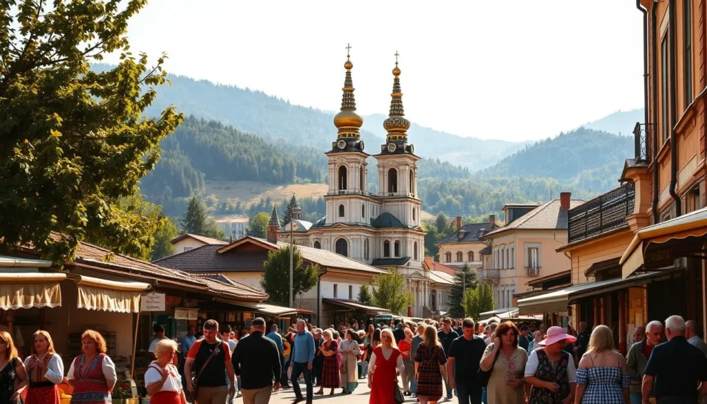 A bustling street in the historic city of Sliven, Bulgaria, bathed in warm sunlight. In the foreground, locals gather around a vibrant outdoor market, their traditional costumes and colorful wares creating a lively scene. In the middle ground, the towering spires of an ornate Orthodox church rise up, its golden domes and intricate facades reflecting the region's rich cultural heritage. In the background, the rolling hills and verdant forests that surround the city create a picturesque natural backdrop, hinting at the deep connection between the people of Sliven and their ancestral lands. The overall atmosphere is one of timeless tradition and vibrant community, inviting the viewer to step into the heart of Bulgaria's history and culture.