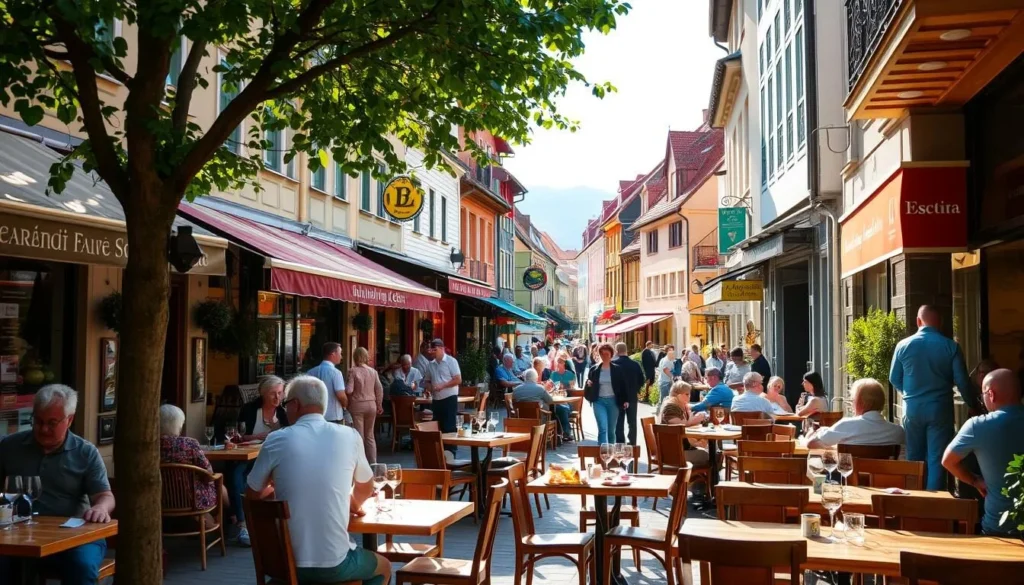 A bustling street in the quaint town of Érd, Hungary, lined with charming local eateries showcasing the region's delectable cuisine. Warm sunlight filters through the trees, casting a cozy glow over the inviting outdoor dining areas. Wooden tables and chairs are meticulously arranged, creating a relaxed and welcoming atmosphere. In the foreground, patrons savor traditional Hungarian dishes, their faces illuminated by the lively chatter and clinking of glassware. The middle ground features the colorful facades of the restaurants, each with its unique architectural details and vibrant signage. In the background, the picturesque streets of Érd stretch out, hinting at the town's rich history and cultural heritage.