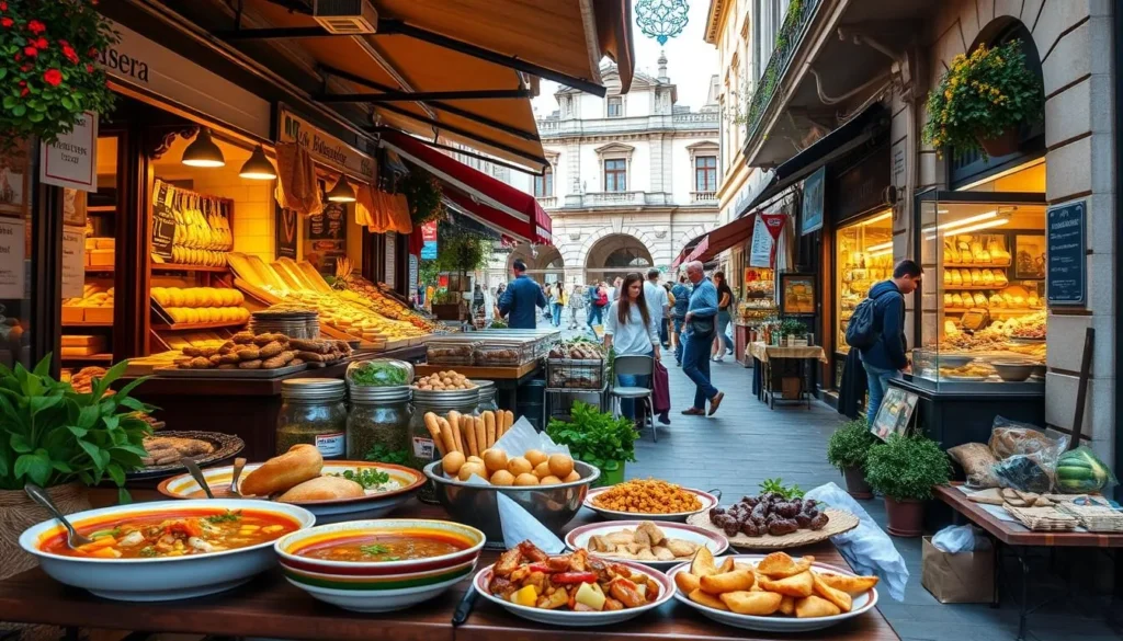 A bustling street scene in the heart of Sliven, Bulgaria, showcasing the vibrant local cuisine. In the foreground, an outdoor cafe serves up traditional dishes - hearty stews, savory pastries, and fresh seasonal produce. The middle ground features vendors offering artisanal breads, cheeses, and cured meats, while the background reveals the charming architecture of the city center, bathed in warm, natural lighting. The overall atmosphere evokes a sense of local culture, community, and the enjoyment of simple, satisfying fare.