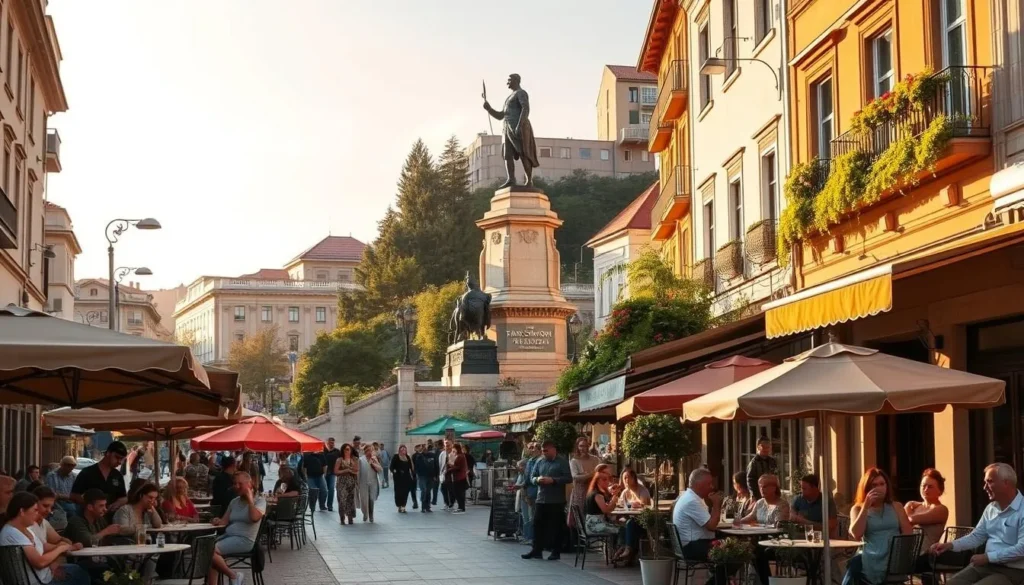 A bustling street scene in the heart of Stara Zagora, Bulgaria, showcasing the charming restaurants near the iconic Tsar Simeon Veliki monument. The mid-afternoon sun casts a warm glow, illuminating the outdoor dining areas filled with locals and visitors enjoying delectable local cuisine. In the foreground, quaint cafes and eateries spill onto the sidewalk, their tables adorned with vibrant umbrellas and fresh flowers. In the middle ground, the grand Tsar Simeon Veliki statue stands tall, surrounded by lush greenery and historic architecture. The background features a blend of modern and traditional buildings, creating a captivating urban landscape. The overall scene exudes a lively, inviting atmosphere, perfectly capturing the essence of the city's culinary and cultural offerings.