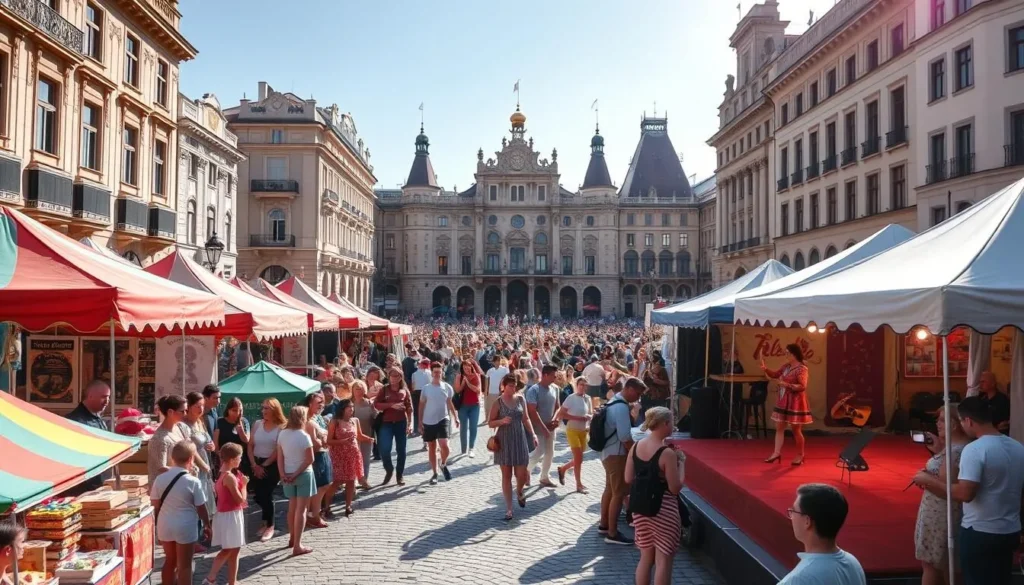 A bustling town square in Bucharest, Romania, on a warm, sunny day. In the foreground, vibrant tents and food stalls line the cobblestone streets, selling local delicacies and crafts. Lively music fills the air as colorfully dressed performers take the stage, captivating the crowd. In the middle ground, people of all ages mingle, laughing and enjoying the festive atmosphere. The background features the ornate, historic architecture of the city, casting a warm glow over the scene. The overall mood is one of celebration, community, and a deep appreciation for Romanian culture and tradition.