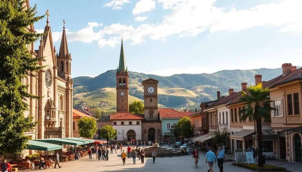 A bustling town square in Haskovo, Bulgaria, bathed in warm afternoon sunlight. In the foreground, a grand stone cathedral stands tall, its spires and ornate facade commanding attention. Surrounding it, charming local shops and cafes line the cobblestone streets, people strolling leisurely. In the middle ground, a historic clock tower rises, its hands marking the time. In the background, rolling hills and lush greenery create a picturesque natural backdrop, adding to the serene, inviting atmosphere. Capture the vibrant cultural heart of Haskovo, a harmonious blend of architectural wonders, bustling public spaces, and tranquil natural elements.