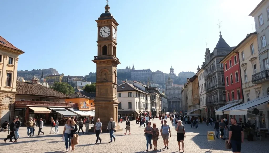 A bustling town square in Pleven, Bulgaria, on a sunny afternoon. In the foreground, a beautifully crafted clock tower stands tall, its intricate details casting long shadows across the cobblestone plaza. People stroll leisurely, enjoying the vibrant atmosphere and the warmth of the sun. In the middle ground, quaint shops and cafes line the streets, their inviting facades beckoning passersby. In the background, historic buildings and structures rise, creating a picturesque skyline that evokes the charm and heritage of this remarkable city. The scene is bathed in a soft, golden light, evoking a sense of timelessness and the opportunity to make the most of one's visit.