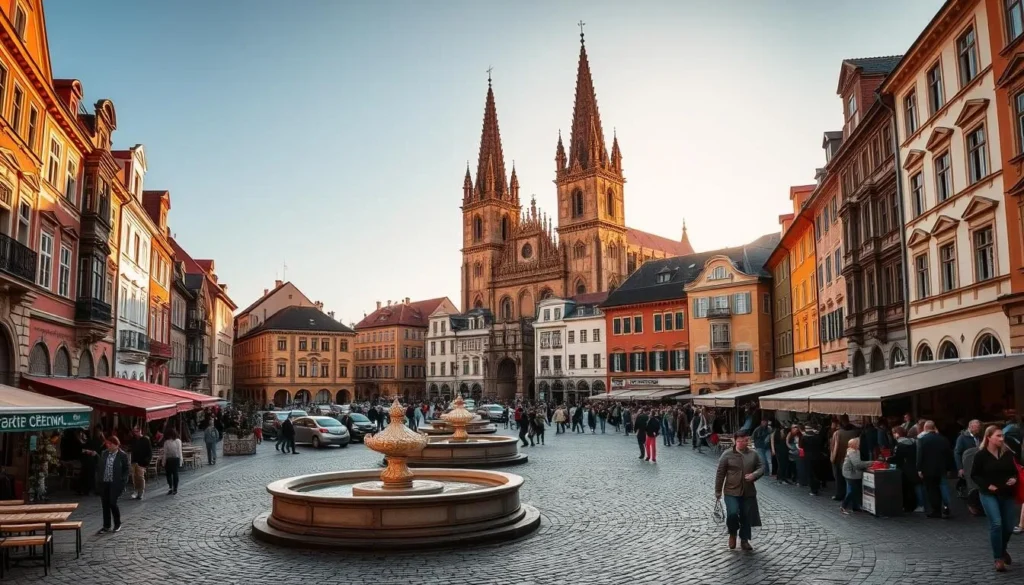 A bustling town square in Sibiu, Romania, bathed in warm, golden sunlight. Cobblestone streets wind through the historic center, flanked by ornate baroque buildings with colorful facades and inviting cafes spilling out onto the plaza. Locals and tourists mingle, strolling past ornamental fountains and street performers. In the background, the towering spires of the Evangelical Cathedral rise majestically, casting long shadows across the scene. Capture the vibrant energy and timeless charm of this quintessential European town square.