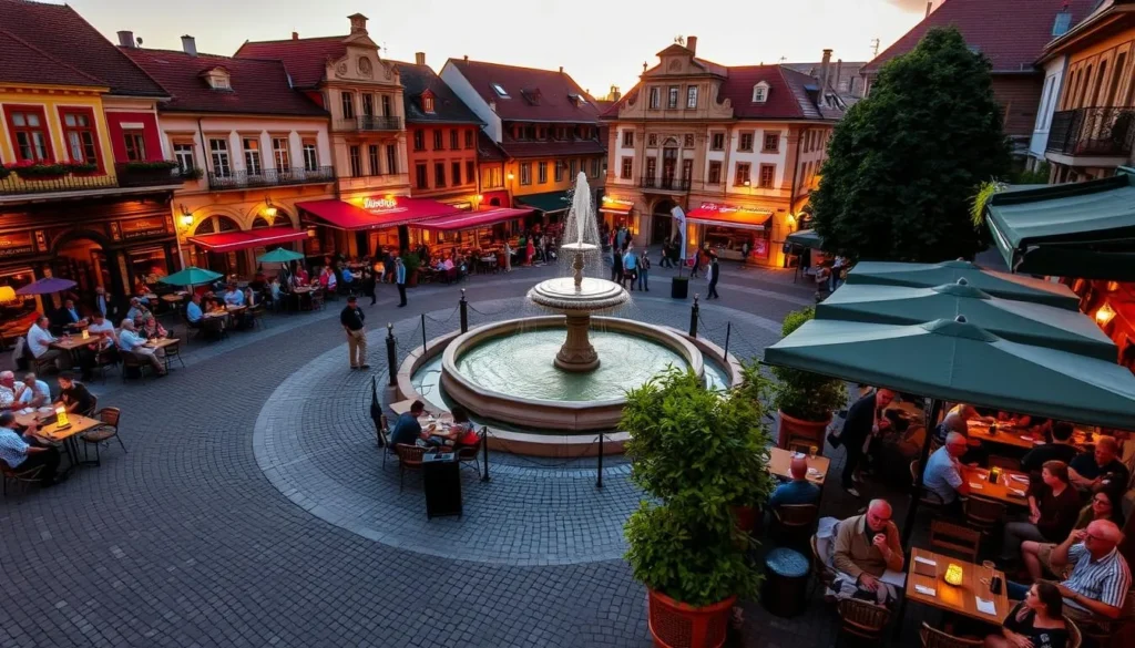 A bustling town square in Szekesfehérvár, Hungary, at the golden hour. Charming cafés and cozy restaurants line the cobblestone streets, their outdoor terraces filled with locals and visitors enjoying the evening. The aroma of freshly brewed coffee and grilled meats wafts through the air, mingling with the lively chatter and laughter. In the center, a grand fountain glistens, surrounded by lush greenery and ornate buildings. Warm, soft lighting casts a inviting glow, creating an atmosphere of conviviality and relaxation. People of all ages savor the moment, indulging in delectable local cuisine and sipping on refreshing drinks as the sun dips below the horizon, ushering in a delightful night in the heart of this historic Hungarian city.