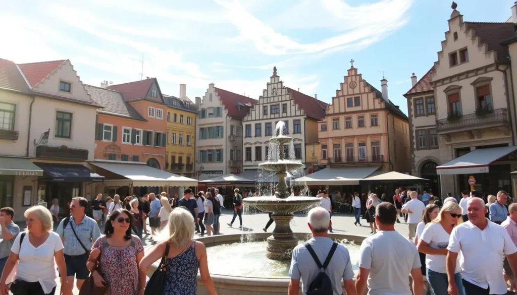A bustling town square in Tatabánya, Hungary, on a sunny day. In the foreground, people leisurely stroll past quaint shops and cafes, their laughter and chatter filling the air. The middle ground showcases a charming fountain, its gentle streams catching the light. In the background, the town's historic buildings stand tall, their facades adorned with intricate architectural details. Warm sunlight filters through wispy clouds, casting a soft, inviting glow over the entire scene. The atmosphere is one of vibrant community and timeless European ambiance.