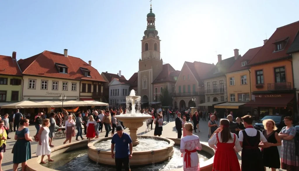 A bustling town square in Zalaegerszeg, Hungary, bathed in warm afternoon sunlight. In the foreground, a charming fountain surrounded by locals engaged in lively conversation, their traditional folk costumes adding vibrant splashes of color. In the middle ground, a historic church tower rises, its onion-shaped dome reflecting the sun's rays. Beyond, quaint buildings with terracotta roofs line the streets, giving a glimpse of the town's well-preserved heritage. The overall scene exudes a friendly, inviting atmosphere, capturing the essence of Zalaegerszeg's blend of history, culture, and natural beauty.